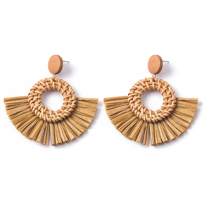 Wholesale Hand-woven Geometric Rattan Raffia Fan Earrings